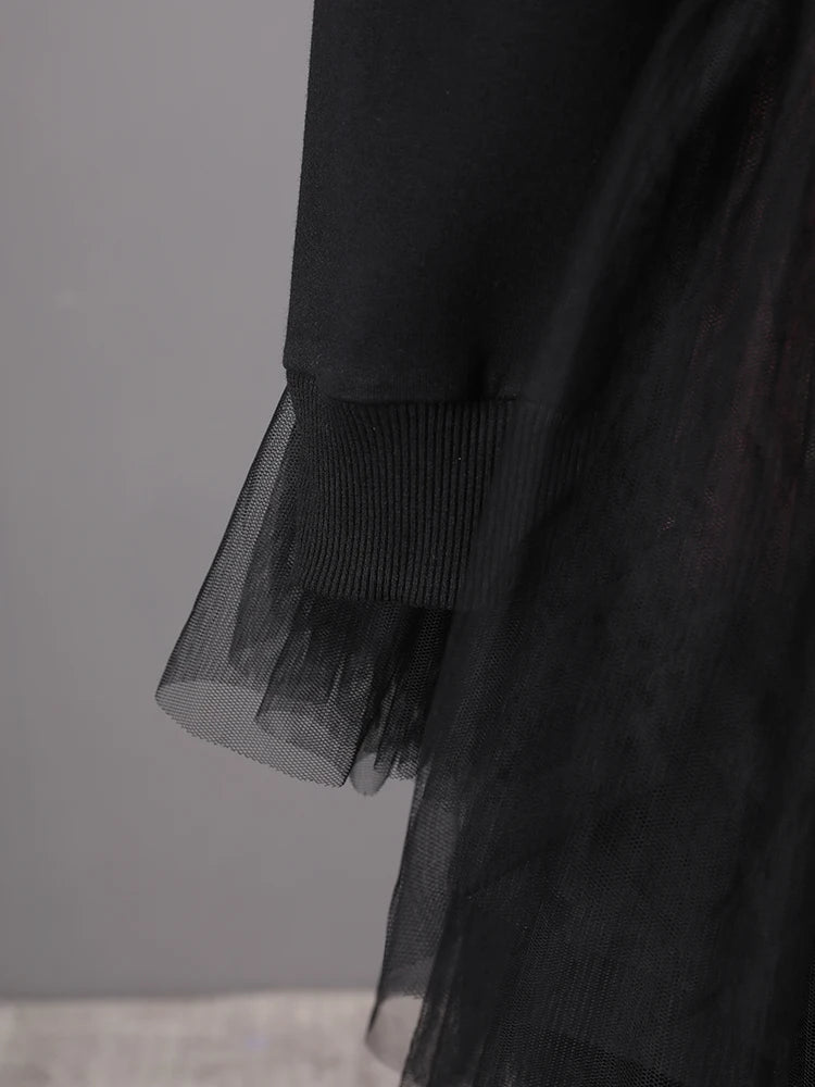 Women Balck Mesh Ruffles Irregular Big Size Mini Dress New Round Neck Long Sleeve Fashion Tide Spring Autumn 2025 CPG3045