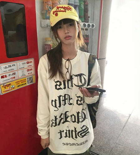 Japanese Y2k Letter Print T-shirt 2000s Style Long Sleeve T Shirt Vintage Harajuku White Loose Tops American Retro 90s