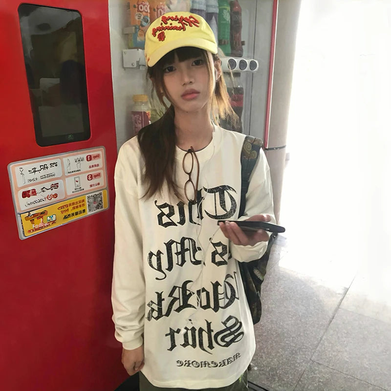 Japanese Y2k Letter Print T-shirt 2000s Style Long Sleeve T Shirt Vintage Harajuku White Loose Tops American Retro 90s