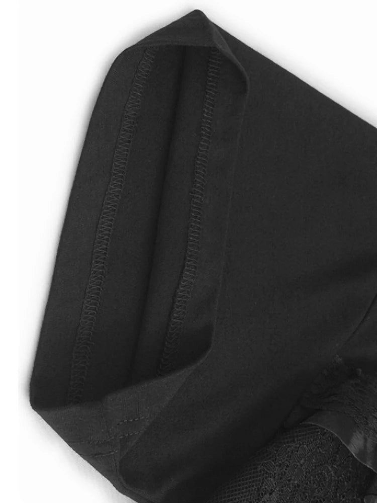 Women Black Lace Spliced Elegant Big Size Long T-shirt New Round Neck Short Sleeve Fashion Tide Spring Summer 2025 1DJ0585