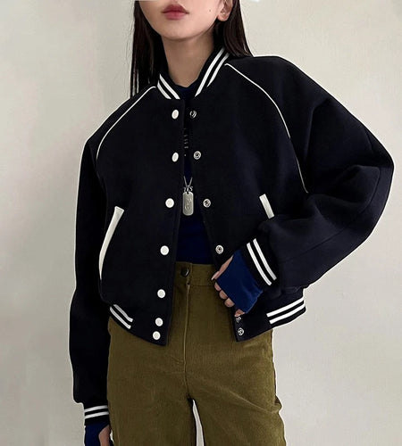 Vintage Stripe Stand Collar Baseball Jacket Women Varsity College Autumn Coat Buttons Up Fashion Outwear Jackets