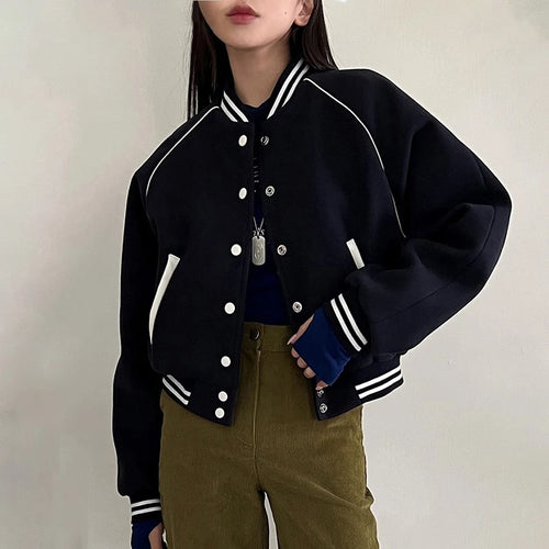 Load image into Gallery viewer, Vintage Stripe Stand Collar Baseball Jacket Women Varsity College Autumn Coat Buttons Up Fashion Outwear Jackets
