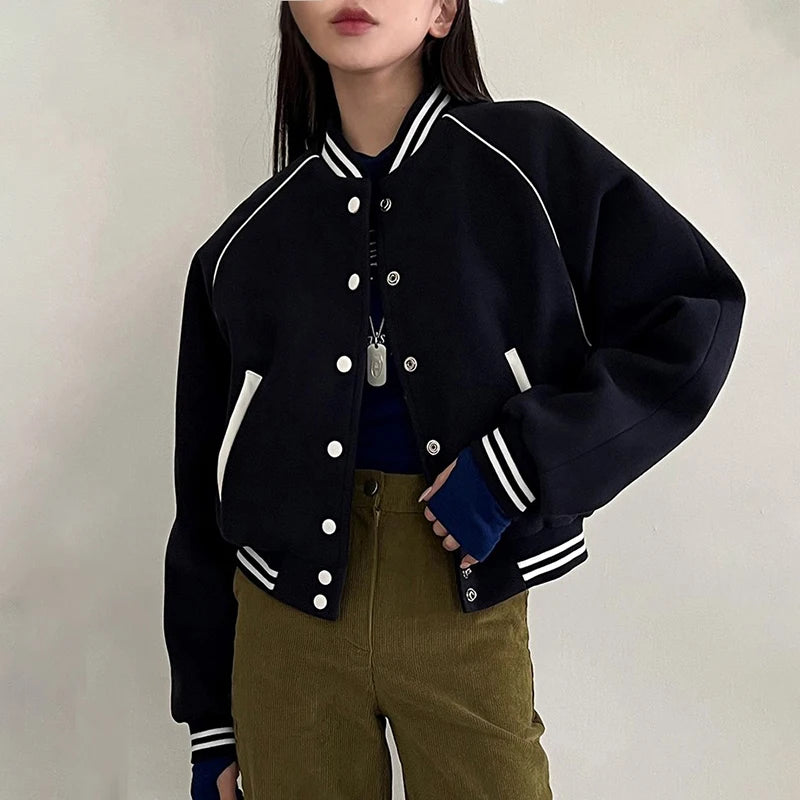 Vintage Stripe Stand Collar Baseball Jacket Women Varsity College Autumn Coat Buttons Up Fashion Outwear Jackets