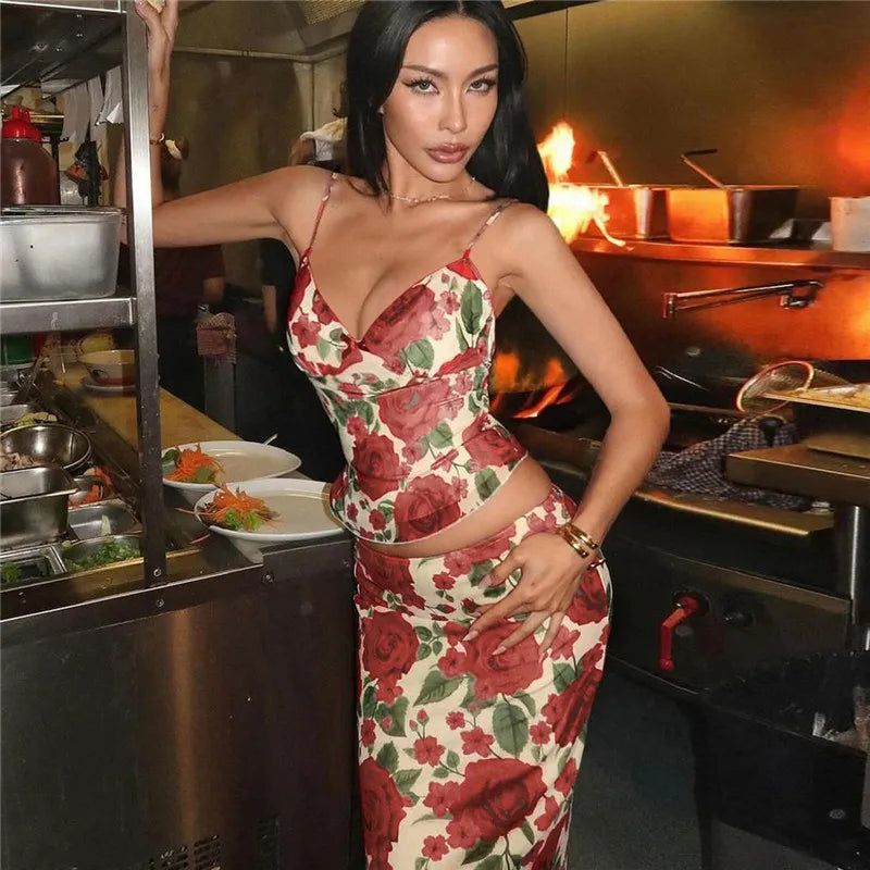Floral Print Sexy Skirt Two Piece Sets Women Fashion Sleeveless Crop Tops And Long Skirt Femme Printed Two Piece Sets