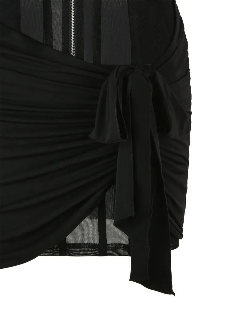 Black See Through Mesh Ruched Sexy Mini Dress For Women Robe Summer New Zipper Sleeveless Skinny Draped Club Dress