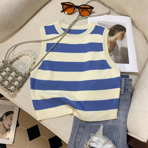 Load image into Gallery viewer, Vintage Chic Round-neck Striped Patchwork Knitted Sleeveless Women&#39;s Vest Korean Fashion Summer 2024 Female Clothing Tank Tops
