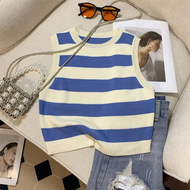 Vintage Chic Round-neck Striped Patchwork Knitted Sleeveless Women's Vest Korean Fashion Summer 2024 Female Clothing Tank Tops