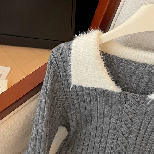 Load image into Gallery viewer, Korean Autumn Winter Grey Patchwork Elegant Pullover Short Sweater Women's 2024 New Beige Lace-up Long Sleeved Knitted Tops Chic
