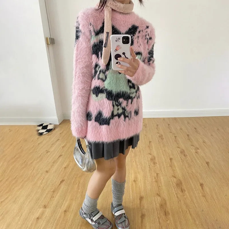Japanese Y2k Pink Sweater Vintage Harajuku Knitted Pullover 2000s Aesthetic Kawaii Oversized Knitwear Mohair Cute Lolita