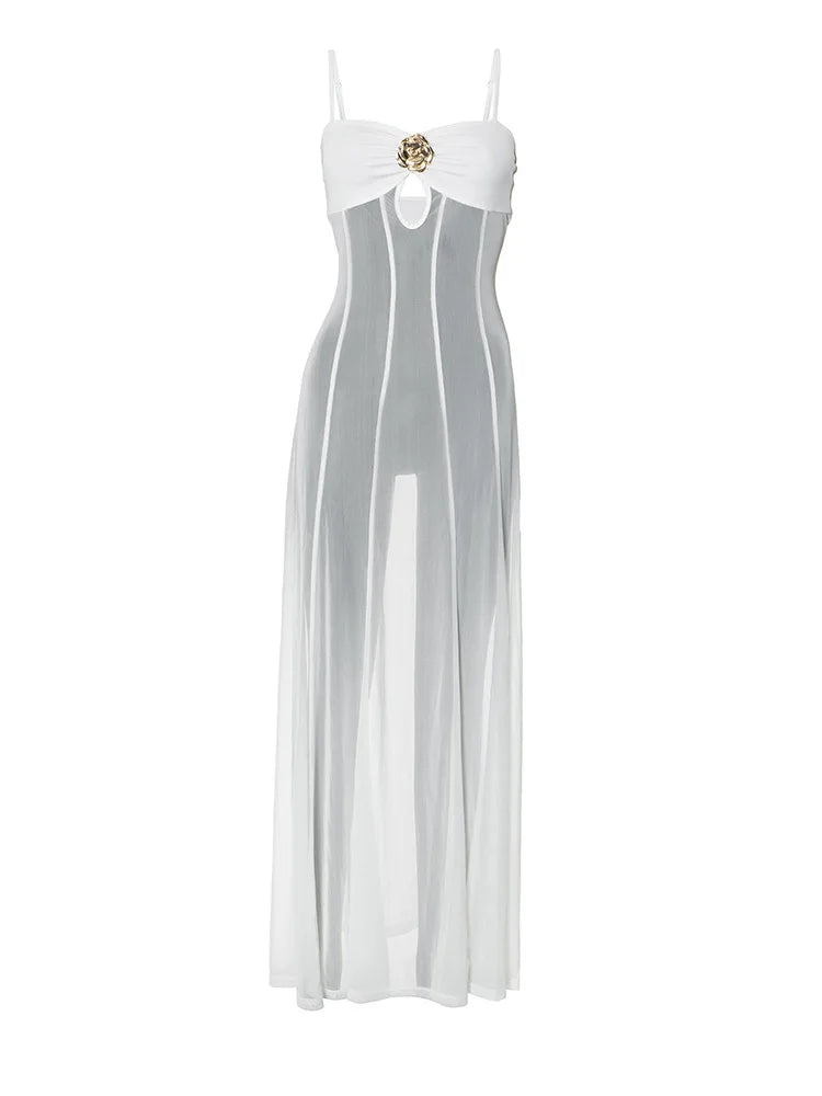 See Through Spaghetti Strap Sexy Maxi Dress For Women Gown Summer New Metal Buckle Sleeveless Backless Beach Long Dress
