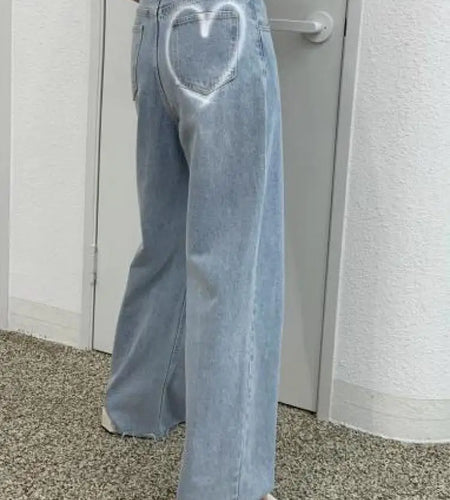 Blue Loose Wide-leg Cowboy Long Pants For Women Clothing Heart Wash Straight Jeans Y2k 2023 High Waisted Woman Fashion Popular