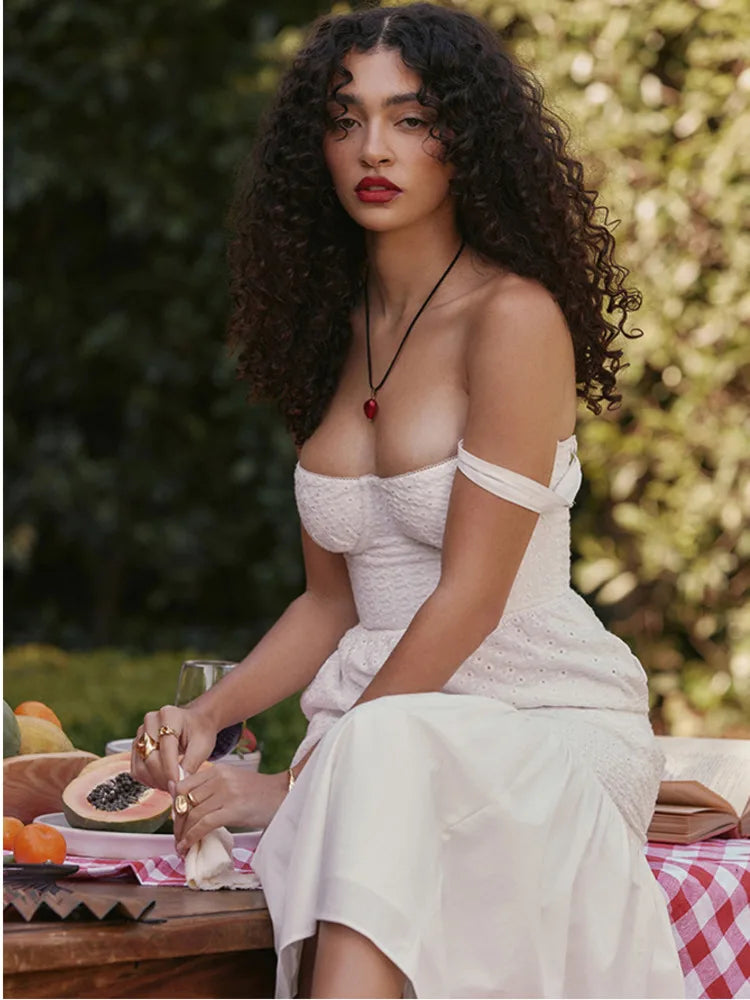 Elegant White Spaghetti Strap Midi Dress For Women Fashion Strapless Sleeveless Backless A-line Club Party Dress