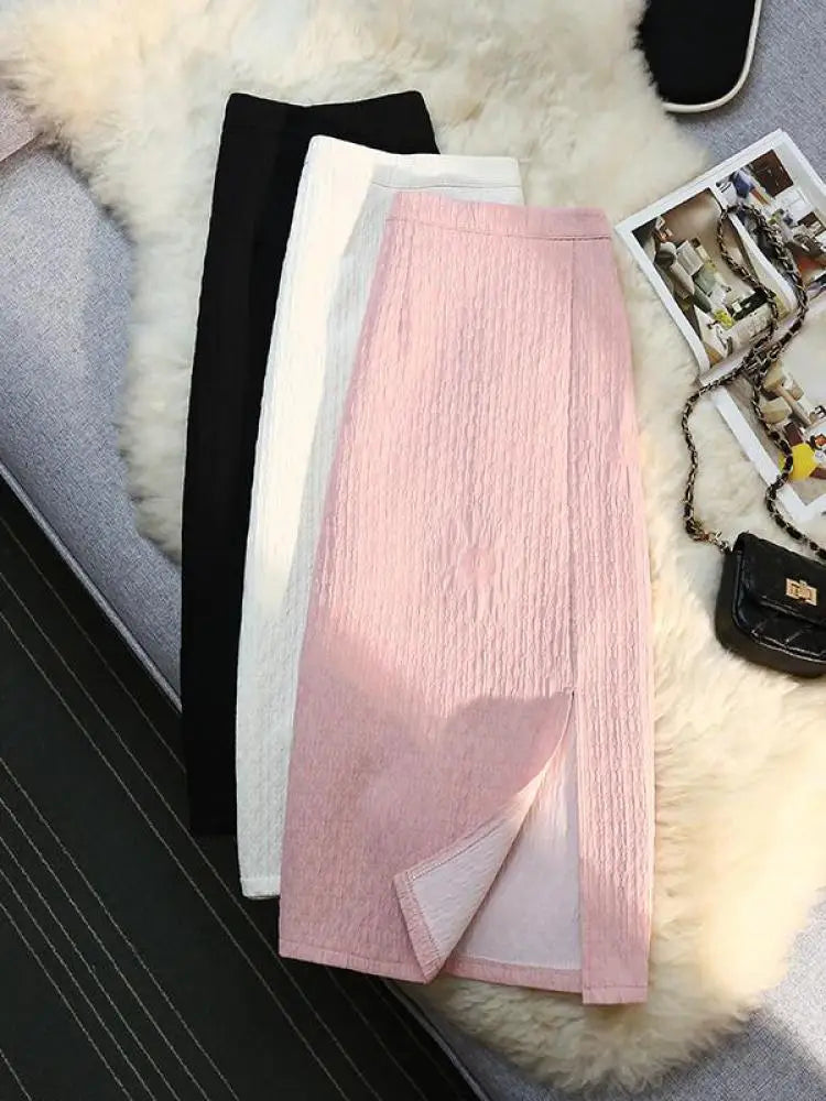 Women New Black White High Waist Wrapped Hip Zipper Long Skirt Spring Summer Pink Elegant Party Pencil Split Skirt Vintage Trend