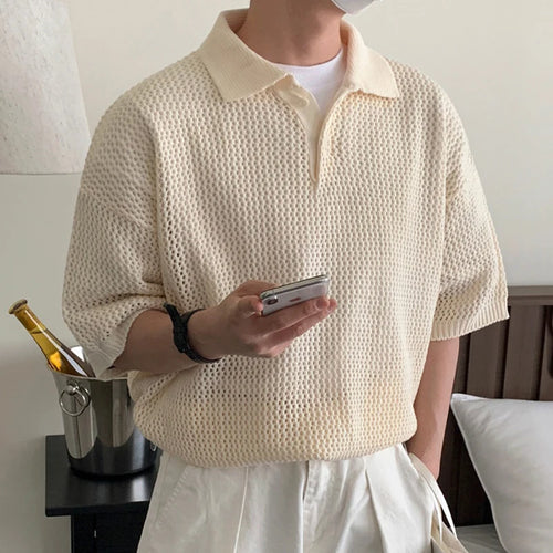 Load image into Gallery viewer, Simple Loose Men&#39;s T-shirts Knitting Casual Solid Color Lapel Short Sleeve Hollow Out Tops Summer Simple 9C6071
