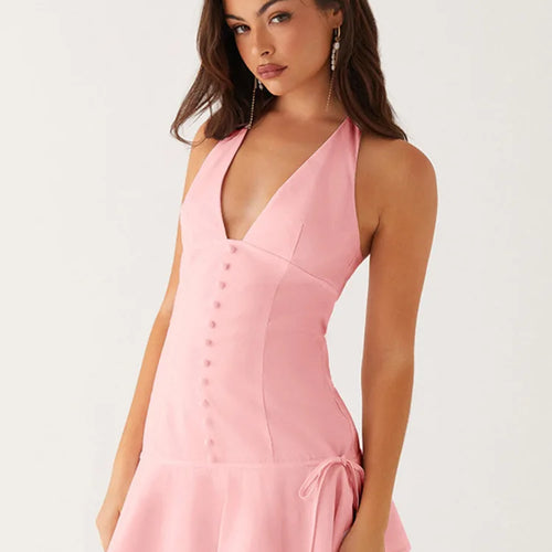 Load image into Gallery viewer, Halter Backless Sexy Mini Dress Women Robe Summer New Lace Patchwork Sleeveless V Neck High Waist Ruffled Dress 2025
