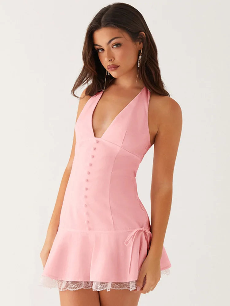 Halter Backless Sexy Mini Dress Women Robe Summer New Lace Patchwork Sleeveless V Neck High Waist Ruffled Dress 2025