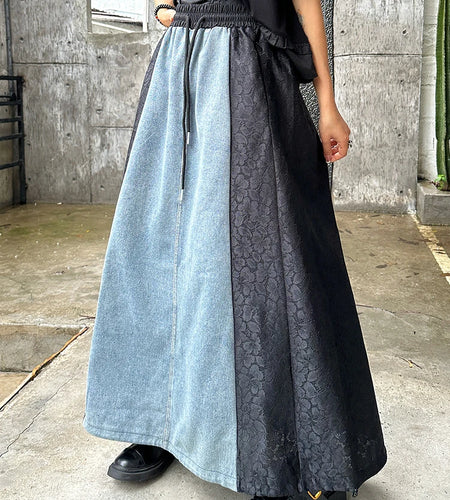 High Elastic Waist Black Lace Denim Color-block A-line Half-body Skirt Women Fashion Tide New Spring Autumn 2025 1DJ1293