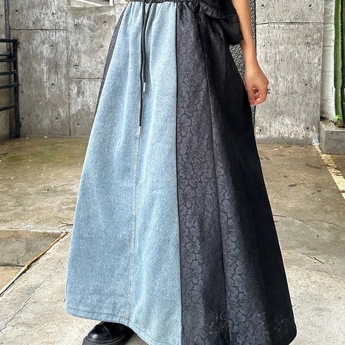 Load image into Gallery viewer, High Elastic Waist Black Lace Denim Color-block A-line Half-body Skirt Women Fashion Tide New Spring Autumn 2025 1DJ1293

