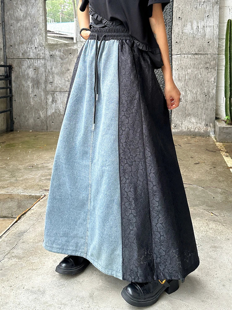 High Elastic Waist Black Lace Denim Color-block A-line Half-body Skirt Women Fashion Tide New Spring Autumn 2025 1DJ1293