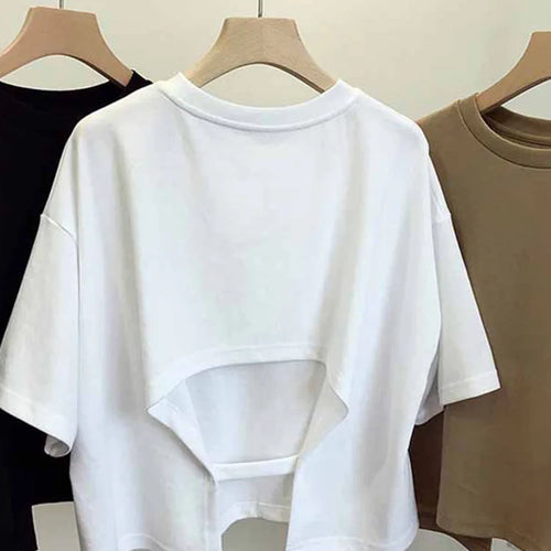 Load image into Gallery viewer, Summer New Ladies Casual Backless T-Shirt 2024 Korean Women Round Neck Loose Sweet Spicy Wind Short-Sleeved Crop Tops
