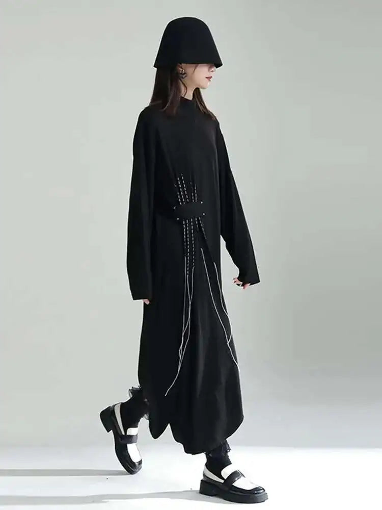 Women Black Topstitched Long Big Size Dress New Turtleneck Long Sleeve Loose Fit Fashion Tide Spring Autumn 2025 1DF3239
