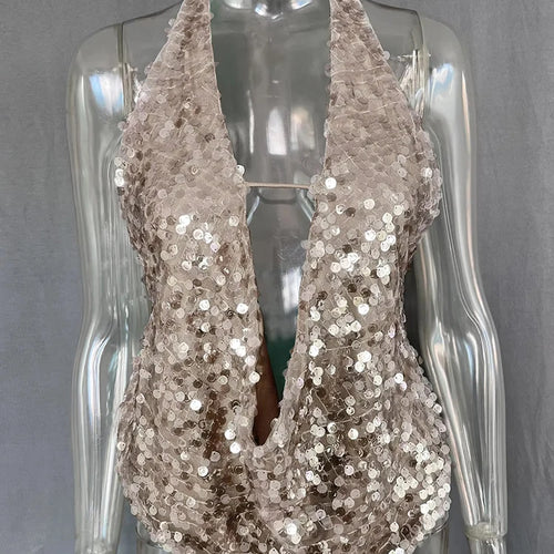 Load image into Gallery viewer, Halter Deep V Neck Sexy Crop Tops Women Sequins Beach Club Tank Tops Female Summer New Holiday Party Cropped Tops
