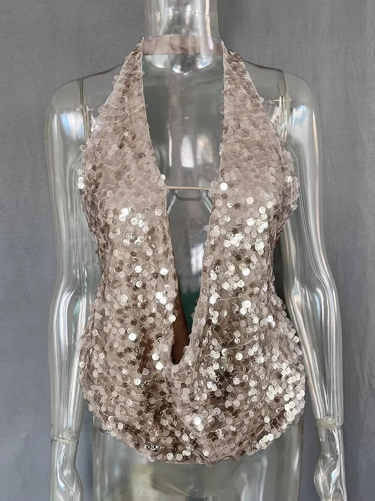 Halter Deep V Neck Sexy Crop Tops Women Sequins Beach Club Tank Tops Female Summer New Holiday Party Cropped Tops