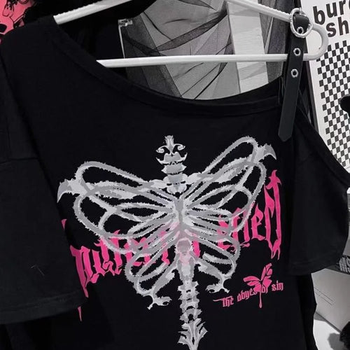 Load image into Gallery viewer, Y2k Aesthetic Black T Shirt Women Harajuku Off Shoulder Skull Print Gothic Graphic  Shirts Japanese Punk Grunge Streetwear ee
