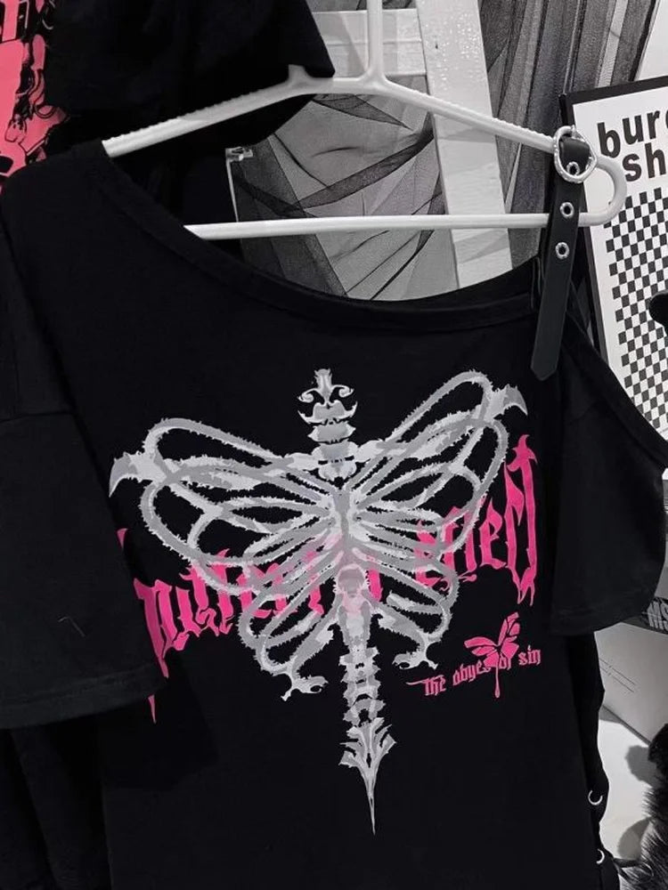 Y2k Aesthetic Black T Shirt Women Harajuku Off Shoulder Skull Print Gothic Graphic  Shirts Japanese Punk Grunge Streetwear ee