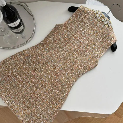 Load image into Gallery viewer, Retro 2024 Autumn Winter New Brown Diamond Woolen Sleeveless Mini Dress Women Round Neck Elegant Short Tweed Dress Popular Trend
