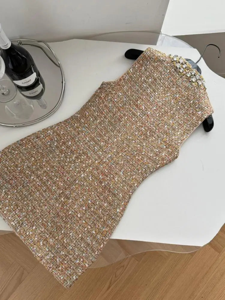 Retro 2024 Autumn Winter New Brown Diamond Woolen Sleeveless Mini Dress Women Round Neck Elegant Short Tweed Dress Popular Trend