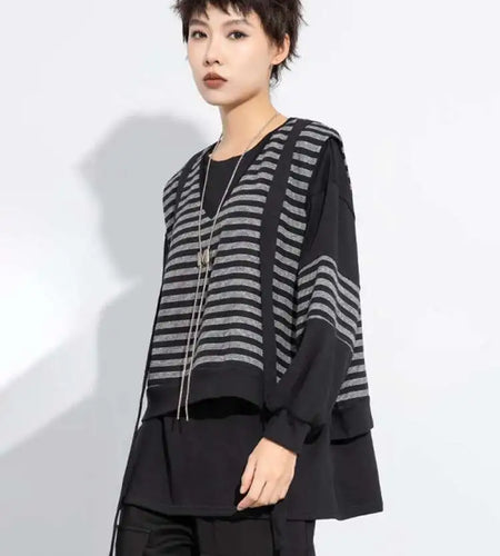 Black Striped Color-block Sweatshirt New Round Neck Long Sleeve Women Big Size Fashion Tide Spring Autumn 2025 1DH7485