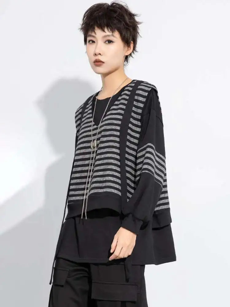 Black Striped Color-block Sweatshirt New Round Neck Long Sleeve Women Big Size Fashion Tide Spring Autumn 2025 1DH7485