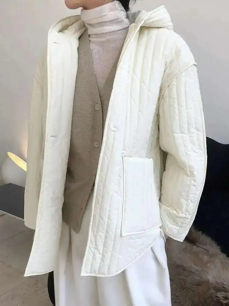 Hooded Beige Big Size Cotton-padded Coat Long Sleeve Loose Fit Women Parkas Fashion Tide New Autumn Winter 2025 1DH3820