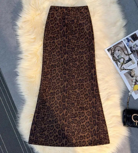 French Vintage Women Brown Leopard Print Elegant High Waist Versatile Long Skirt 2024 Autumn Winter Fishtail Wrap Hip Skirt Chic