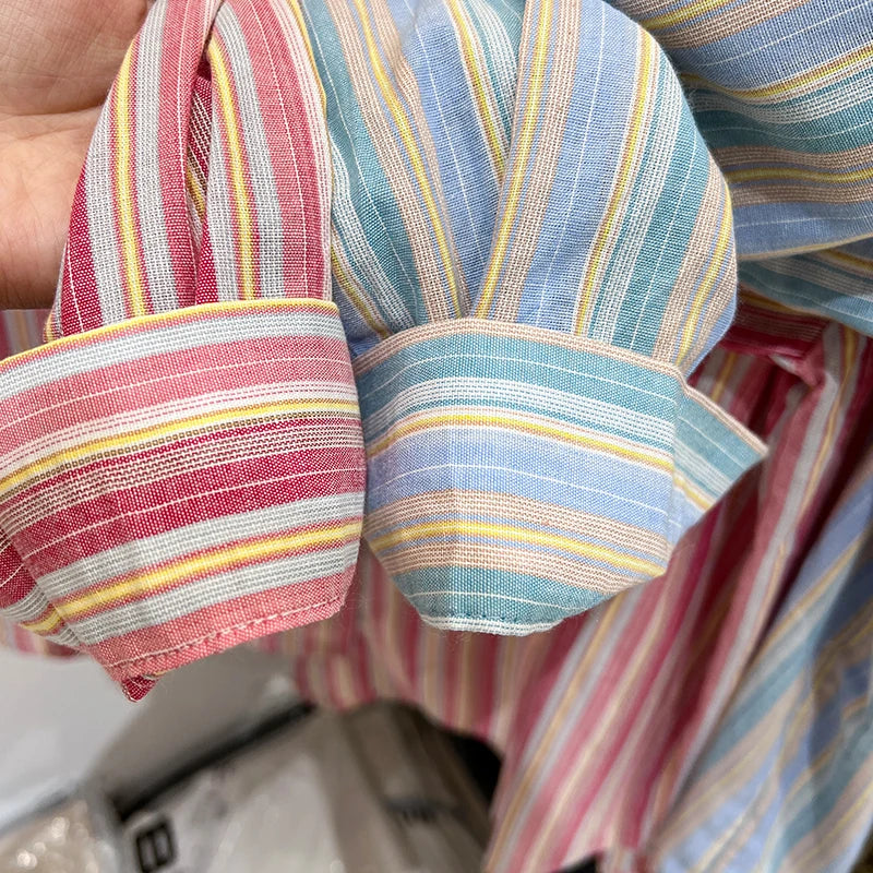 Women Pink Striped Loose Blouse 2023 Office Turn-down Collar Long Sleeve Vintage Blue Patchwork Single Breasted Top Shirt Autumn