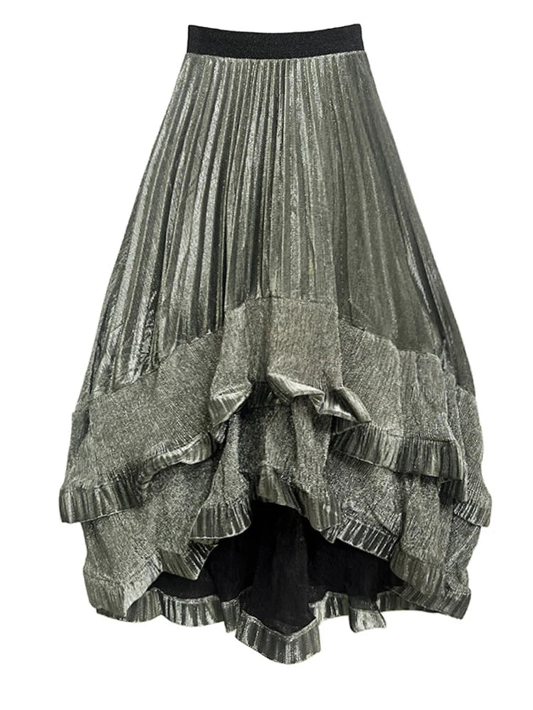 High Elastic Waist Black Irregular Pleated Elegant A-line Half-body Skirt Women Fashion New Spring Autumn 2025 1DJ0692