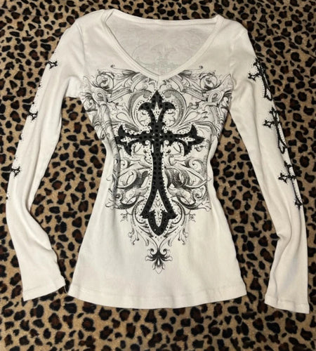Harajuku Vintage Cross Printing T-shirts Streetwear White Y2k Aesthetic Loose Sexy Tshirts Women Grunge Diamond Autumn Tops
