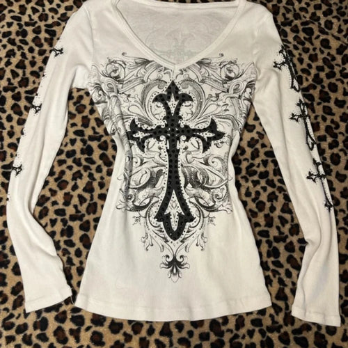 Load image into Gallery viewer, Harajuku Vintage Cross Printing T-shirts Streetwear White Y2k Aesthetic Loose Sexy Tshirts Women Grunge Diamond Autumn Tops
