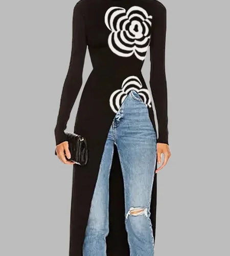 Winter Women's Knitted Pullover Top 2024 Black Flower Design Slim Fit Asymmetric High Neck Long Sweaters for Woman