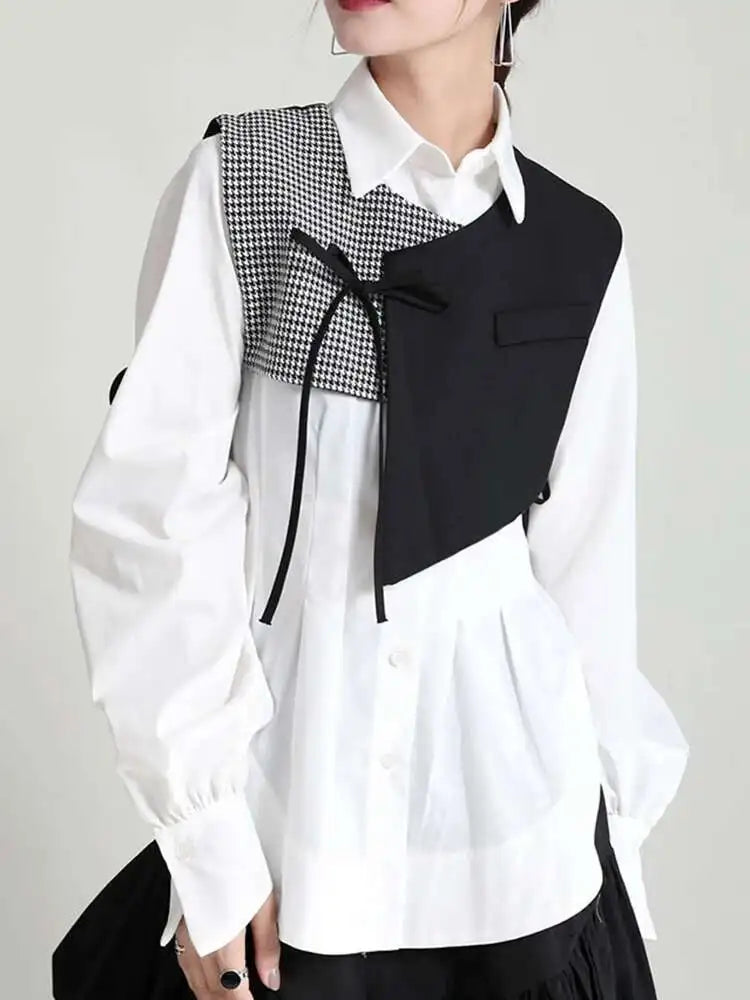 Women White Pleated Round Hem Blouse New Lapel Long Lantern Sleeve Loose Fit Shirt Fashion Tide Spring Autumn 2025 1T156