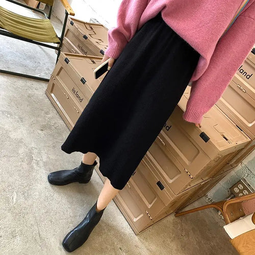 Load image into Gallery viewer, Korean Version Black Elegant Office Ladies Knitted Long Skirt Women Autumn Winter Beige High Waist Split Half Skirts Fashion New
