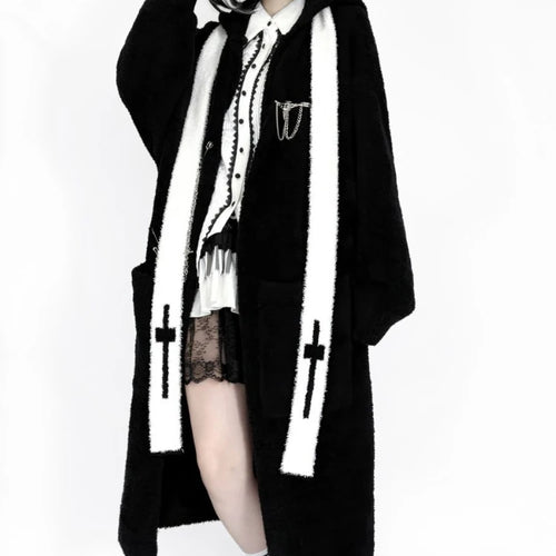 Load image into Gallery viewer, Gothic Punk Cashmere Knitted Long Cardigans Knee Length Loose Hooded Sweater Coat Korean Ins Causal Elegant Vintage Cardigan Y2k
