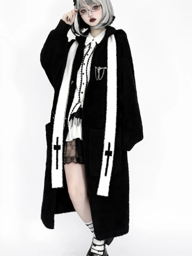 Gothic Punk Cashmere Knitted Long Cardigans Knee Length Loose Hooded Sweater Coat Korean Ins Causal Elegant Vintage Cardigan Y2k