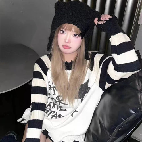 Load image into Gallery viewer, Y2k Aesthetic Star Letter Print Women Sweaters Striped Harajuku Loose Ripped Grunge Sueter Mujer Goth All Match Casual Pullover
