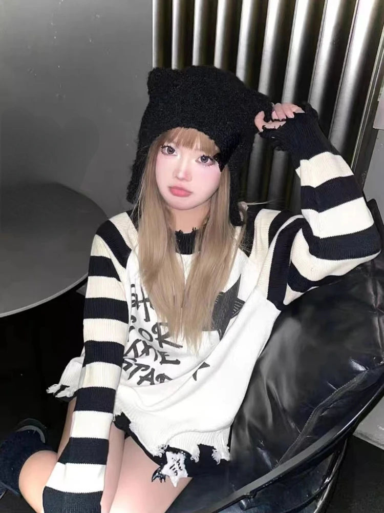 Y2k Aesthetic Star Letter Print Women Sweaters Striped Harajuku Loose Ripped Grunge Sueter Mujer Goth All Match Casual Pullover