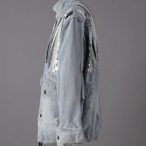 Load image into Gallery viewer, Blue Denim Sequins Drawstring Big Size Jacket New Stand Collar Long Sleeve Women Coat Fashion Spring Autumn 2025 29L8081

