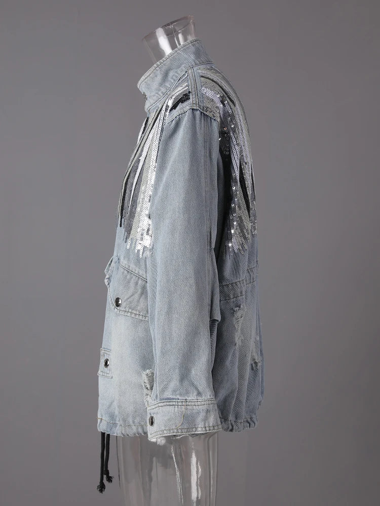 Blue Denim Sequins Drawstring Big Size Jacket New Stand Collar Long Sleeve Women Coat Fashion Spring Autumn 2025 29L8081