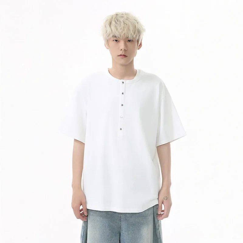 Men's Short Sleeve T-shirts New Summer Solid Color Casual Style Button Half Open Design Round Collar Loose Male Top 9W1600