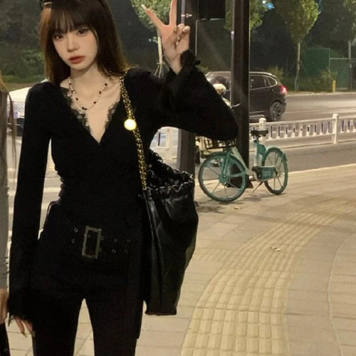 Load image into Gallery viewer, 2025 Y2k Aesthetic Lace Patchwork Crop Top Streetwear Harajuku Women Vintage T-shirt  Streetwear V Neck Bottoming Grunge Tees
